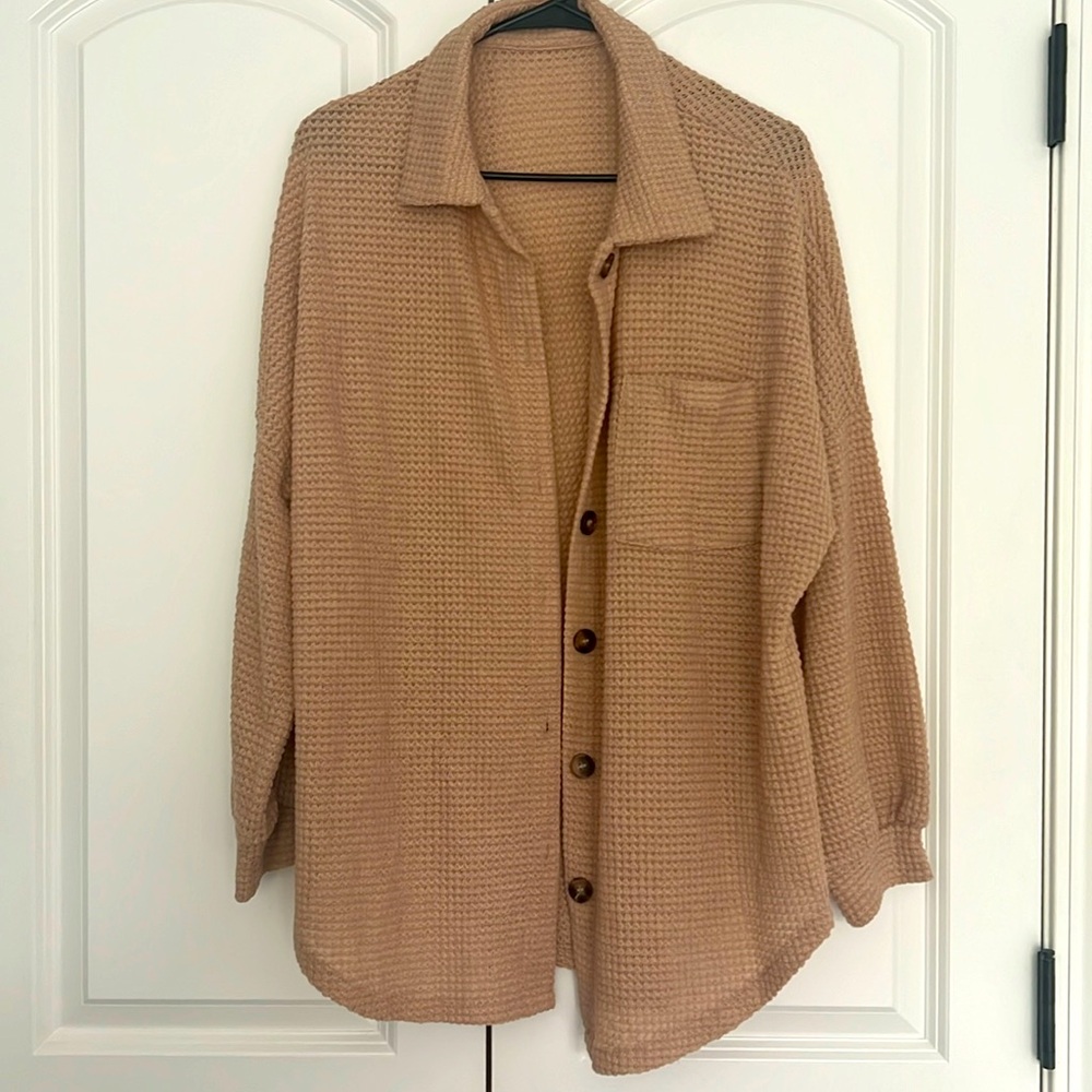 Waffle Button Down Shirt Women Casual Knit Tops Long Sleeve Loose Fit Shacket